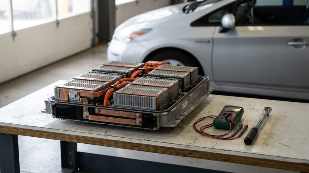 Batterie de voiture hybride sur établi de garage