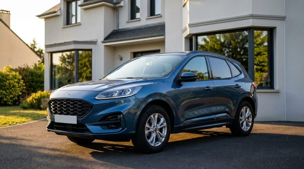 Ford Kuga SUV bleu garé devant une maison