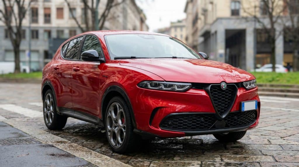 Alfa Romeo Tonale SUV compact rouge garee en ville