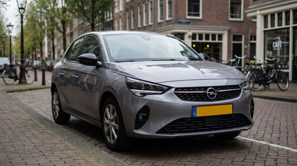 Opel Corsa compacte grise garee en ville